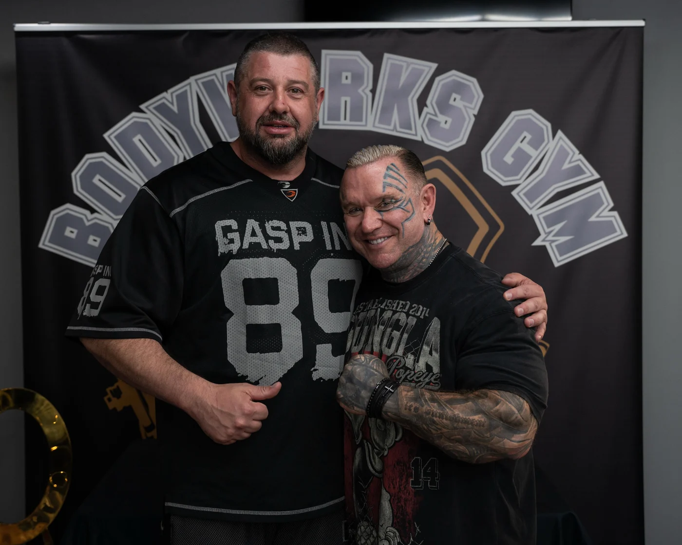 Bodyworks Gym owner Mark with IFBB professional bodybuilder Lee Priest at a seminar held at the gym in Featherstone